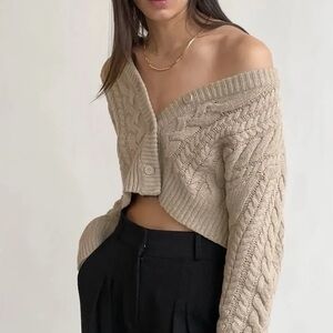 OAK + FORT Cable Knit Cardigan, light oatmeal